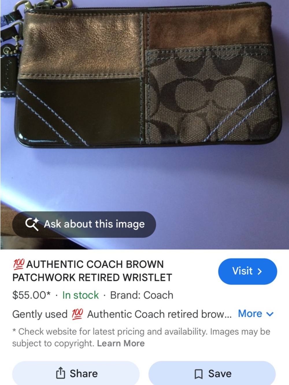 Coach Dark Brown Signature patchwork Wristlet with Leather Trim retired pattern - Picture 8 of 8